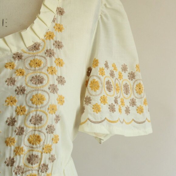 Vintage 1970s Dress, Yellow Embroidered Boho Maxidress with Empire Waist and Bow - Picture 4 of 10